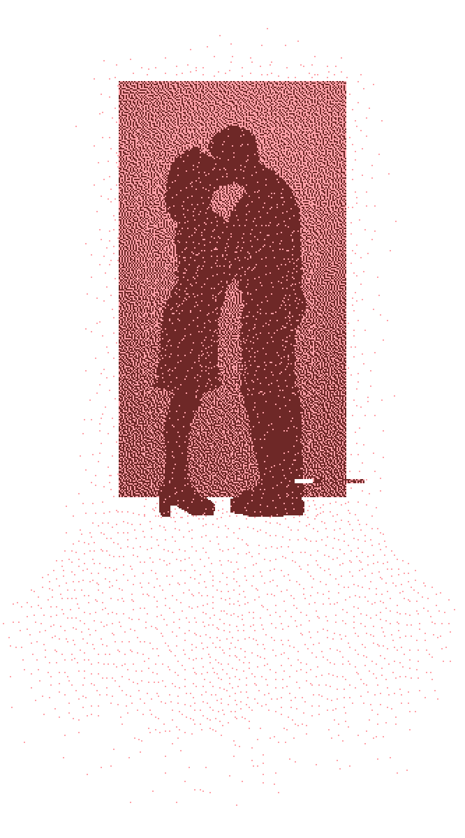 a kissing couple standing in a doorway with a glitch effect