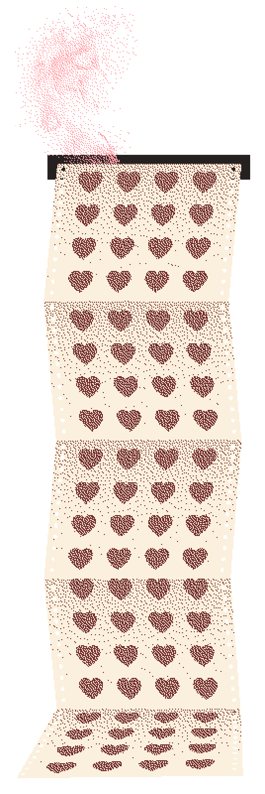 smoke and a long strip of paper covered in hearts coming from a printer slot